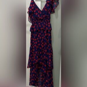 Misa Los Angeles Blue Dress with Red Leaf Pattern